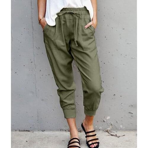 Solid Women Pants Linen Elastic Waist Casual Pants Women Clothing Pencil Pants Summer