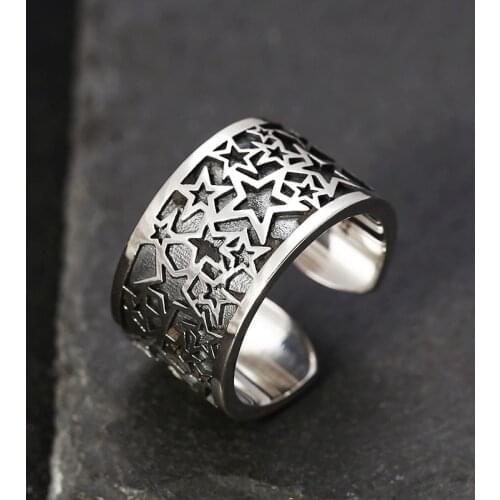 Real 925 Sterling Silver color Men Women Adjustable Ring Thai silver color Vintage Pentagram Opening Wedding Rings Fine Jewelry