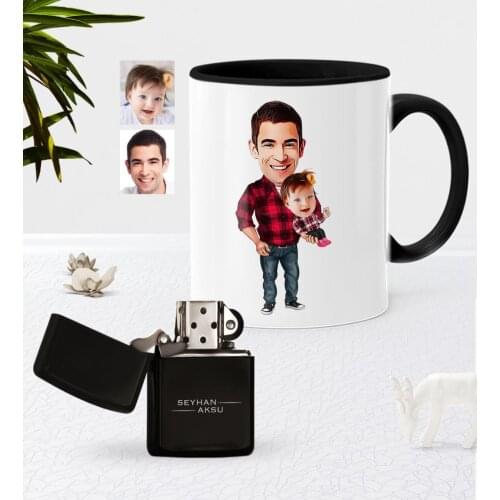 Personalized Dad Girl Caricature Of Black Mug Cup Gasoline Lighter Seti-2