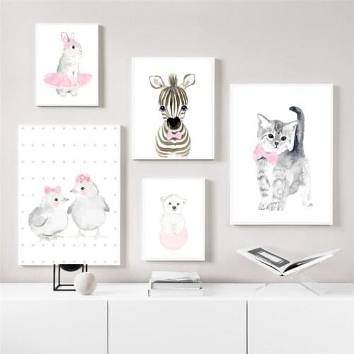 Cartoon Art Cat Poster Rabbit Painting Hedgehog Wall Painting Animal Poster Girl Room Decoration Painting Kids Room Decoration