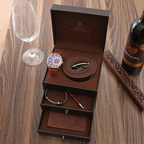 XSVO Fashion Business Set Watch+Belt+Keychain+Wallet+High-End Leather Bracelet Couple Gift Men Wristwatches