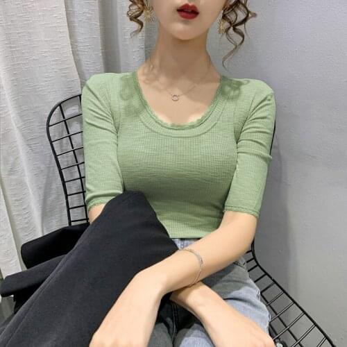 2021 The New O collar mid-sleeve T-shirt women loose elasticity and thinness solid color thread bottoming shirt tops summer