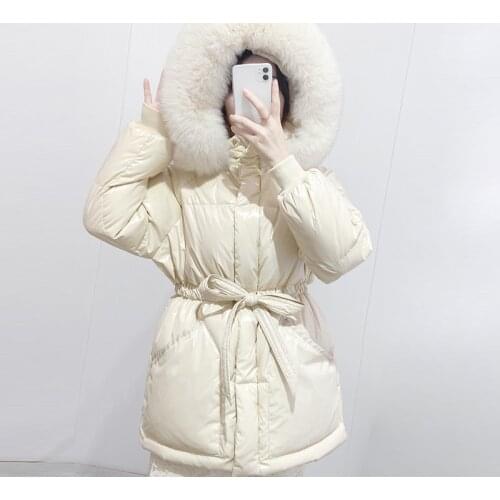 Real Fox Fur Collar 2021 New Fashion Winter Woman White Duck Down Coat Gloss Female Puffer Jacket Solid Color Lady Parka Outwear