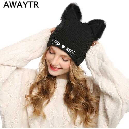 AWAYTR Knitted Womens Cat Ears Faux Mink Hats Skullies Fur Pompom Caps Female Beanies 2019 New Fashion Lovely Cap Girls Headwear