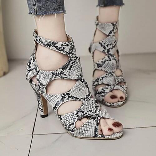 Heels women Ladies High Heels Snake Print Gladiator Summer Party Shoes Female fashion zipper Large size41 42 open toe shoes