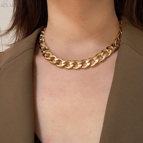 AOMU Punk Street Style Fashionable Thick Chain Gold Silver Color Metal Retro Necklace For Women Choker Clavicle Jewelry