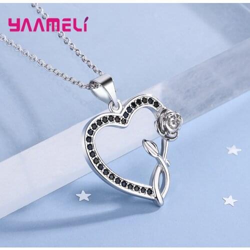 Statement Black CZ Diamond Austrian Crystal Flower Rose Heart Pendant Necklace Women Fine 925 Sterling Silver Choker Collares