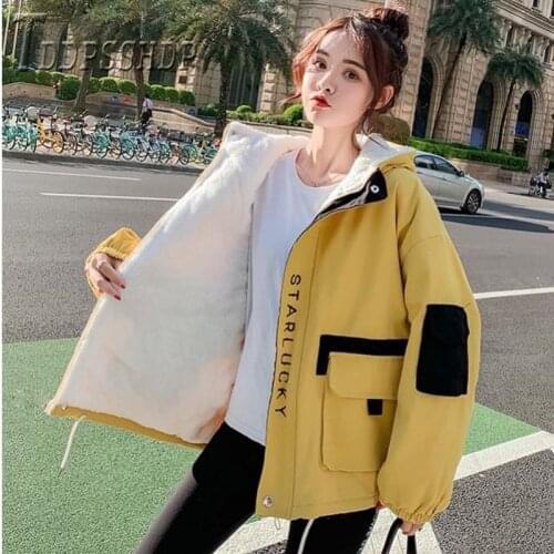 2019 Hong Kong Style Cargo Women Parkas Lining With Imitation Lambswool Female Coat Jacket