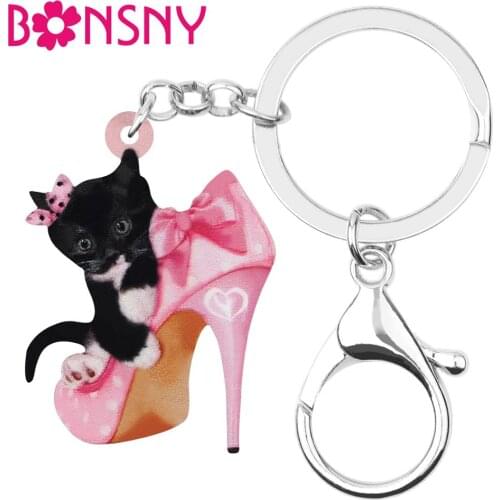 Bonsny Acrylic Valentines Day High Heels Black Cat Key Chains Rings Bag Car Wallet Decoration Keychain For Women Girl Teen Gift