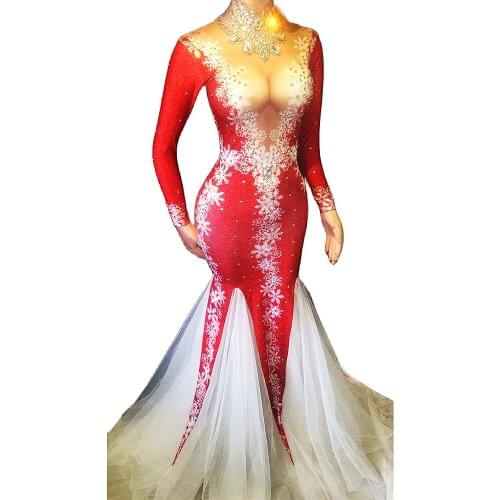 Shining Diamonds Women Long Sleeve Dresses White Voile Tailing Dresses Evening Prom Party Wear Birthday Celebrate Costume