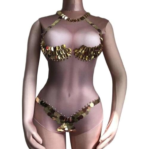 Sparkly Gold Sequin Sleeveless Women Bodysuits Evening Party Diamond Birthday Celebrate Jumpsuits Stage Wear Nightclub Costume