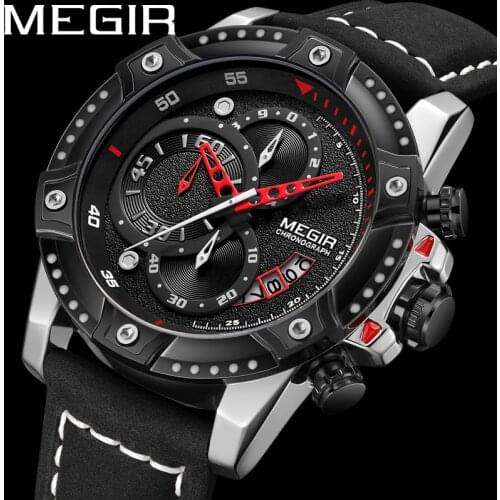 MEGIR Watch Men Chronograph Military Army Male Clock Top Brand Luxury Black Genuine Leather Business Man Sport Wristwatch 2130