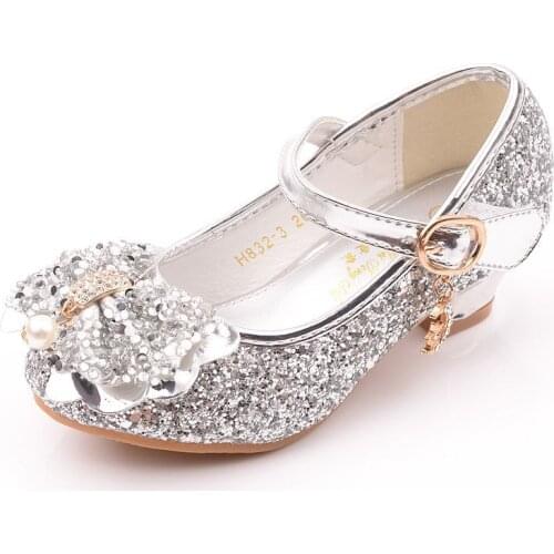 Beads Children Shoes Bow Glitter Princess Girls Sandals Cinderella Kids High Heels Teenager Shinning Fairy Tale Dance Show