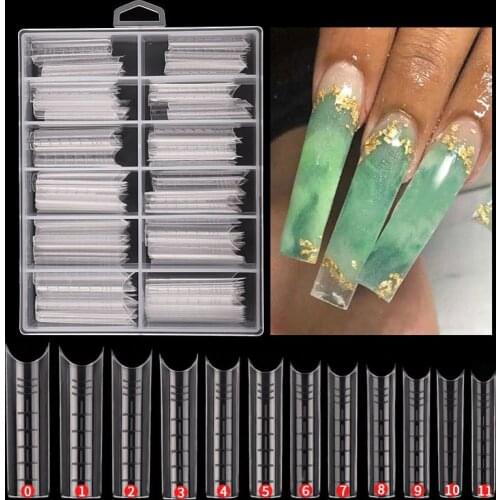 120Pcs Long Square Fake Nails Quick Building Mold Tips Nail Dual Forms Finger Extension C Curved Straight False Nail Art Tools