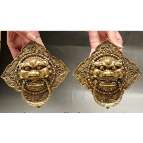 Folk Chinese Pure Brass Dragon Phoenix Auspicious Lion Hrad Knocker Statue Pair