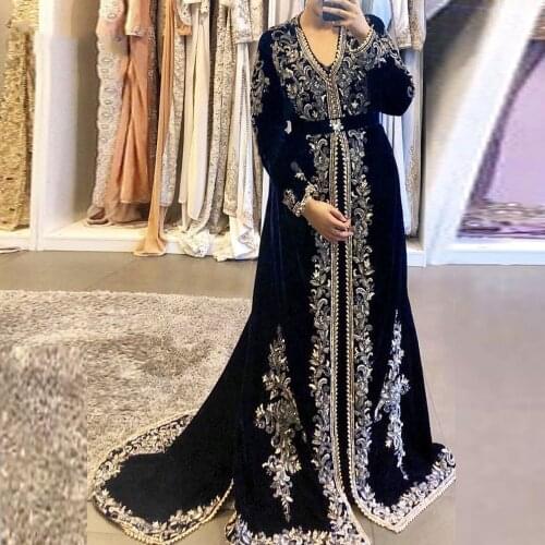 LORIE Navy Blue Moroccan Kaftan Dubai Evening Dresses Elegant Lace Appliques Velour Saudi Arabic Muslim Formal Prom Party Gowns