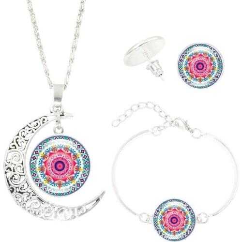 Mandala Flower Moon Glass Time Gem Necklace Set Necklace + Earrings + Bracelet Jewelry Set