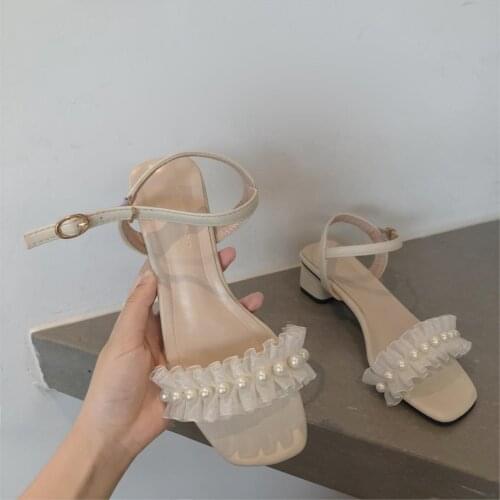 Fashion Pearl Word Buckle With Fairy Sandals Net Red Wild Thick With Middle Toe Open Summer Sandals