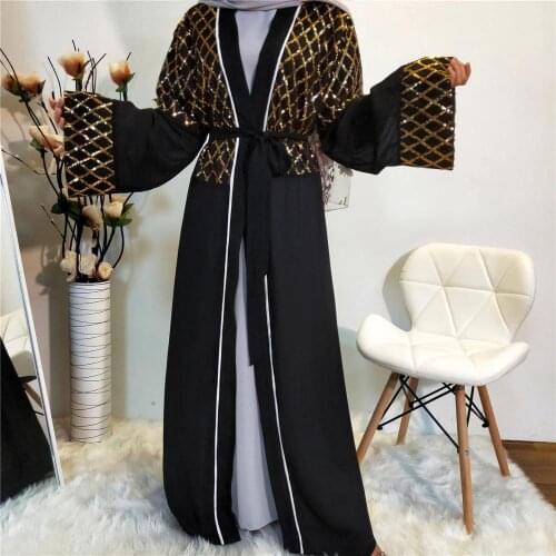 Muslim abayas sequined beading islamic kimono abaya Arab muslim abaya Dress Musical Robe prayer big swing dress with belt F1064