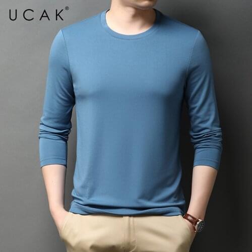 UCAK Brand Classic Solid Color Silk TShirt Men Clothing O-Neck Streetwear Casual T-Shirt Pull Homme Spring Autumn Clothes U6542