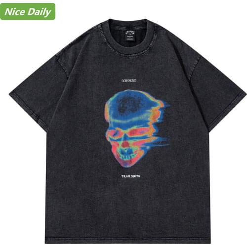 NiceDaily Skull Abstract Printing Men Short-Sleeved T-shirt Tide Brand Retro Wash High Street Vibe Style Loose Bottoming Shirt