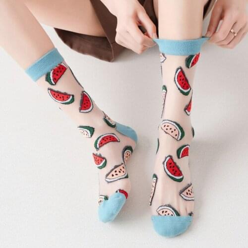 New Summer Thin Glass Silk Tube Woman Tide Socks Fruit Cartoon Transparent Socks Girl Personality Card Silk Female Socks