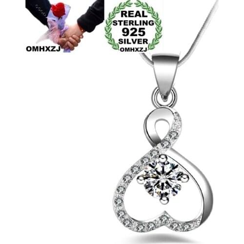 OMHXZJ Wholesale Personality Fashion Woman Girl Gift Heart White Amethyst AAA Zircon 925 Sterling Silver Pendant Necklace NC93