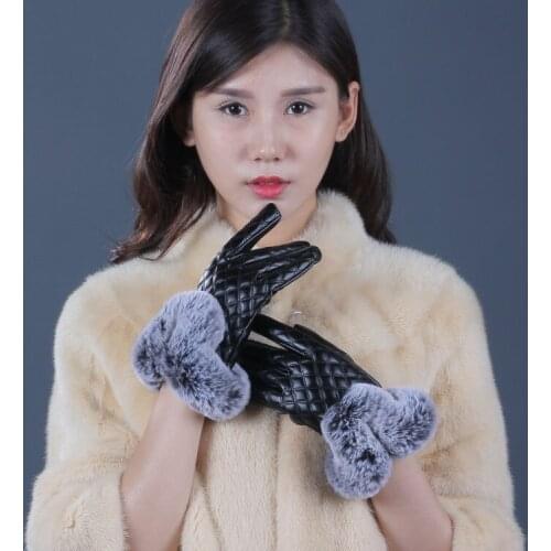 Women Screen Tough PU Leather Gloves Waterproof Faux Rabbit Fur Thick Warm Winter Gloves Elegant Full Finger Mitten WA 024