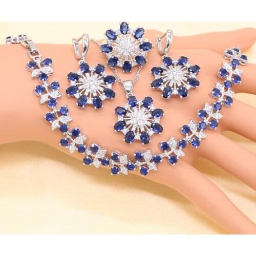XUTAAYI Silver Wedding Jewelry Sets For Women Flower Shape Blue Zircon Bracelet Earrings Necklace Pendant Ring Gift Box