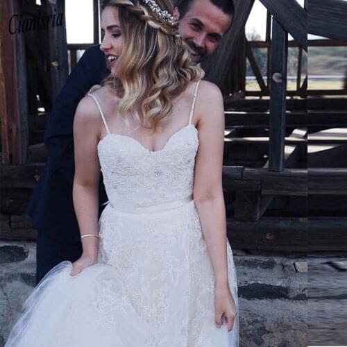 Gorgeous A-line Wedding Dresses Spaghetti Straps Appliques Beading Zipper Back Bridal Wedding Dresses Vestido De Noiva Custom