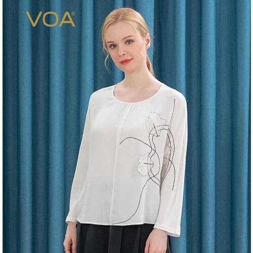 VOA 30m/m White Heavy Silk Round Neck Shoulder Long Sleeve Stereo Organza Stitching Arch Needle Craft Harajuku T-shirt BE189