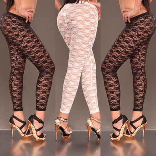 Hirigin Women Sexy Floral Print Stylish Skinny Lace Hollow Leggings See Through Pants Elastic Bodycon Jeggings Black White