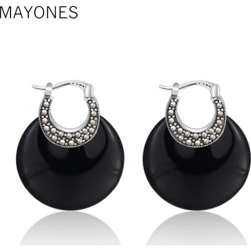 MAYONES Bohemia Natural Agate/White Chalcedony Earrings with Zircon Real 925 Sterling Silver Earring for Women Jewelry