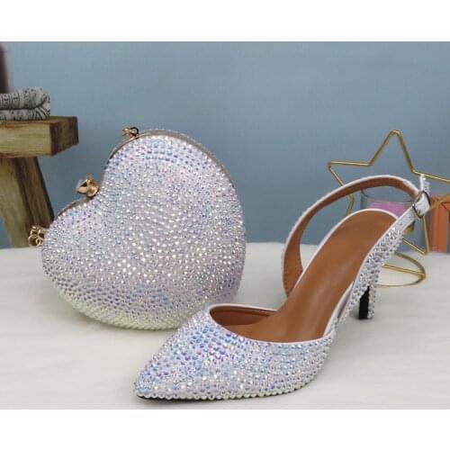 2021 New Arrival Heart White AB Bling Pointed Toe Wedding Shoes and bag Woman High Pumps Thin Heel Party Dress Shoes Slingbacks