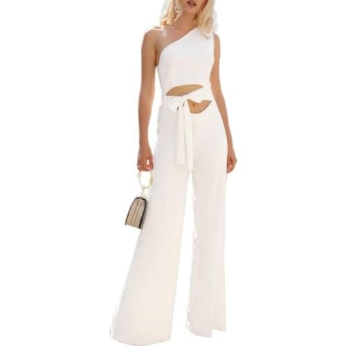 Women Jumpsuit One Shoulder All-match Summer Wide Leg Sleeveless Jumpsuit Tie Waist Overalls Office combinaison femme