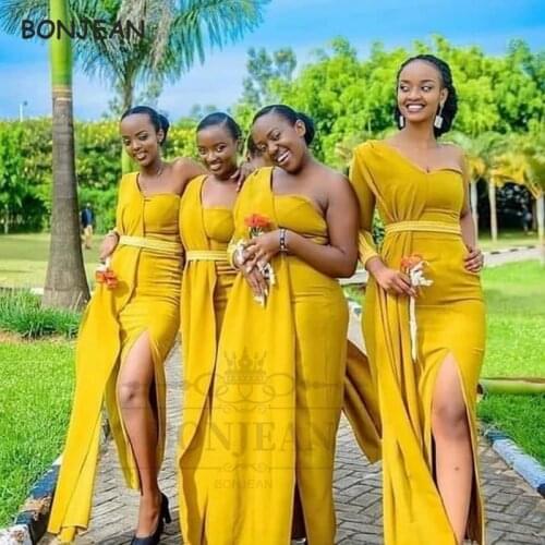2021 Yellow Bridesmaid Dresses One Shoulder Long Sleeves South African Split Side Black Gilrs Floor Length Bridesmaid Dress