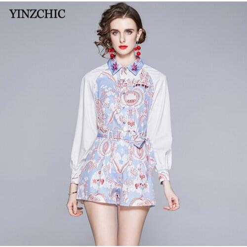 2021 Woman Spring Printed Suit Slim Blouse Pants Sets Fashion Shirt + Shorts Suit for Office Lady Casual Party Suit Set Women