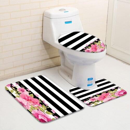 Pink Rose Flowers Black White Stripe 3 Pieces Toilet Cover Non Slip Mat Bath Rugs Seat Rug Carpet Accessories ​Bathroom Decor
