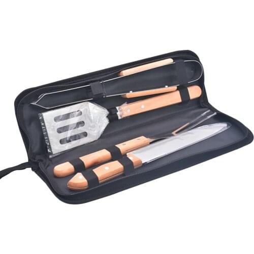 4PCS Wooden BBQ SET Barbecue Knife Fork Tongs Spatula Sets BBQ Roasting Grilling Tool Stainless Steel BBQ Tool