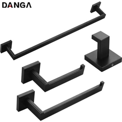 Bathroom Black Hardware Sets 4 Pcs Wall Mounted Square Towel Bar Robe Hooks Toilet Paper Roll Holder Stainless Steel Accessories