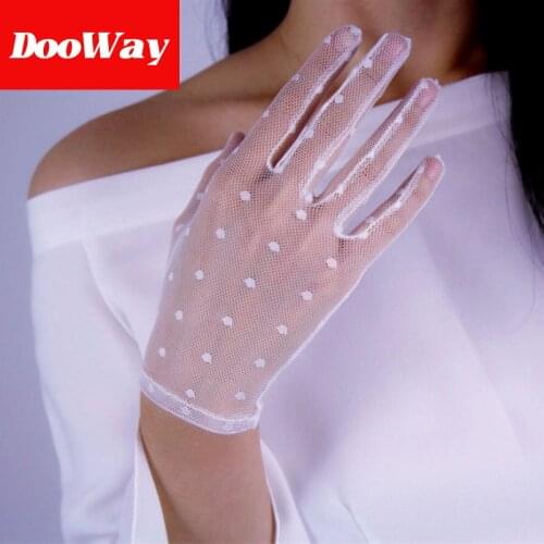 DooWay White Bridal Lace Polka Dots Tulle Semi Sheer Wrist Short Wedding Gloves for Women Girls Evening Dress Party Touchscreen