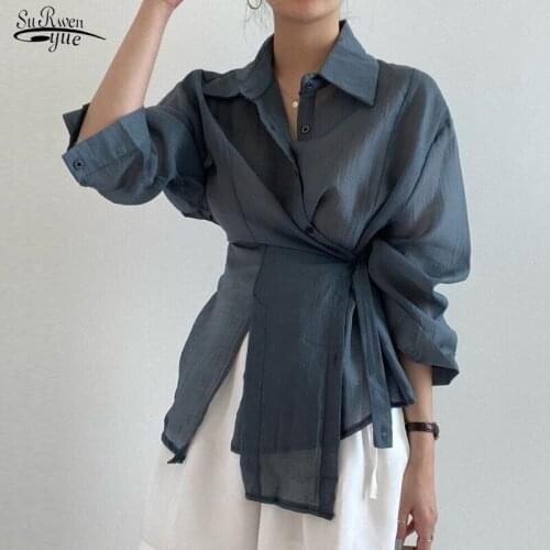 Korean Chic Long Sleeve Blouse For Women New Irregular Sunscreen White Shirt Woman Clothing Thin Buckle Loose Tops Summer 15674