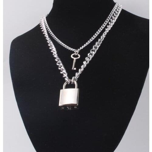 Stainless Steel Double Layer Key Lock Necklace Punk Link Chain Padlock Pendant Necklace Hiphop Women Men Fashion Gothic Jewelry