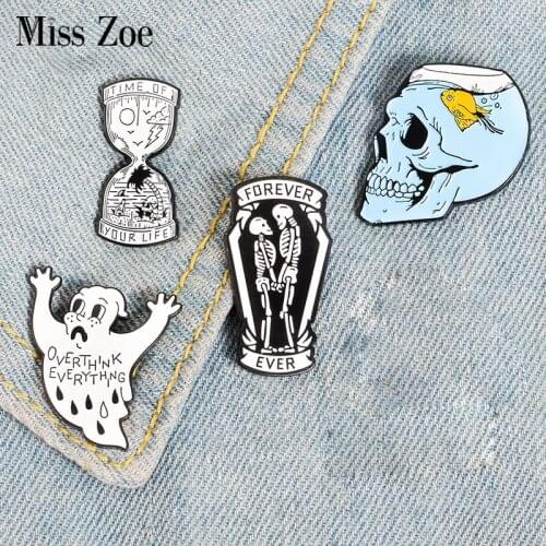 Your Life Hourglass Enamel Pin Ghost Skeleton Fish Tank Skull Badge Brooch Bag Denim Shirt Lapel Pin Gothic Cat Jewelry Gift