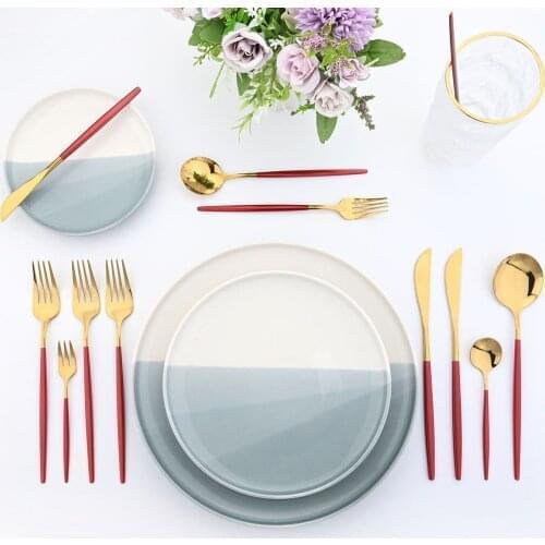 JANKNG 24Pcs/Set Stainless Steel Red Gold Cutlery Dinner Dinnerware Set Knife Fork Coffee Spoon Cutlery Set Kitchen Tableware