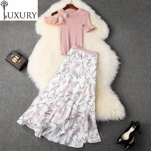 Quality New 2020 Top Summer Long Suit Women Ruffle Lace Patchwork Pink Knitted Tops+Elegant Flower Print Maxi Skirt Sets