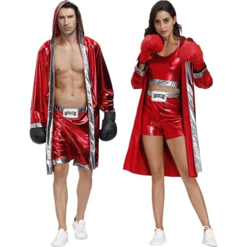 Red Boxer Costumes Sexy Boxing Uniform Suit Male Women Carnival Halloween Party Cosplay Clothes Hooded Cloak Robe Top Shorts Set