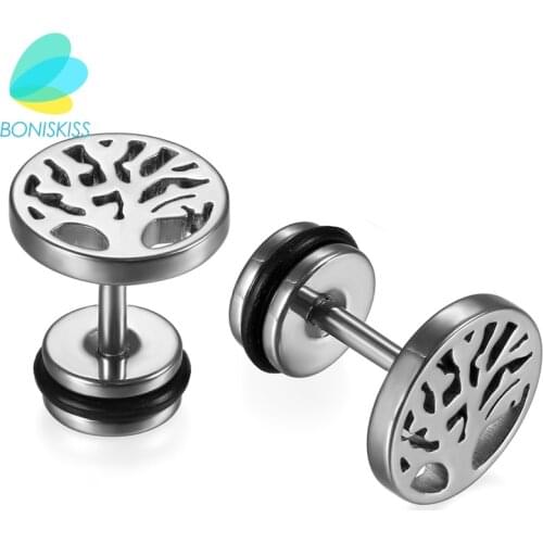 Boniskiss 316L Stainless Steel Earrings Round Stud Earrings For Men Women Gothic Tree of Life Earrings Brinco Masculino
