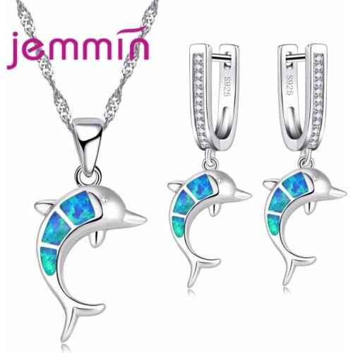 New Lovely Jump Dolphin Jewelry Set Women Blue Fire Opal Necklace/Earring Sets for Women Girls 925 Sterling Silver Bijoux