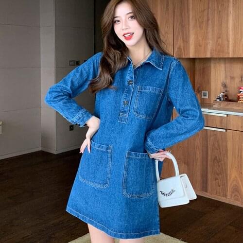 Spot Chinese autumn new temperament pure color small long-sleeve loose show thin all-match a-word denim dress